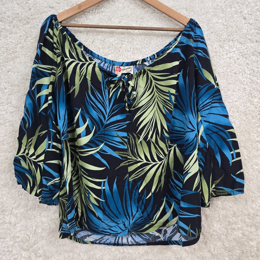 Hilo Hattie Womens Floral Top Blue Green 3/4 Sleeve Size XL Tropical Hawaiian